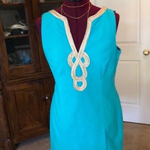 Lilly Pulitzer turquoise/gold soutache trim dress.
